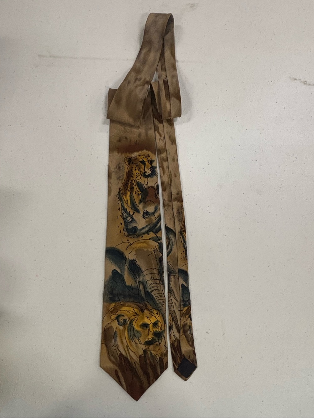1991 Serengeti WWF Wildlife Print Silk Tie in Brown and Gold with Black Accents